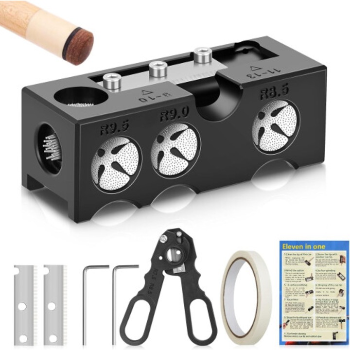 Set accesorii biliard 10 in 1 pentru reparare si modelare varf tac, negru