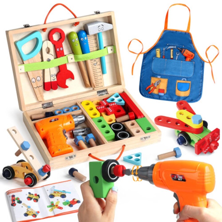 Set unelte copii, lemn, Montessori, burghiu, cutie, sort, multicolor, 2-4 ani