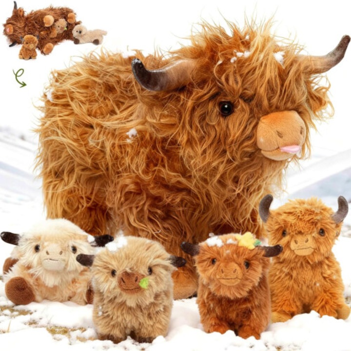 Плюшена играчка крава Highland с 4 меки разноцветни телета 145 см
