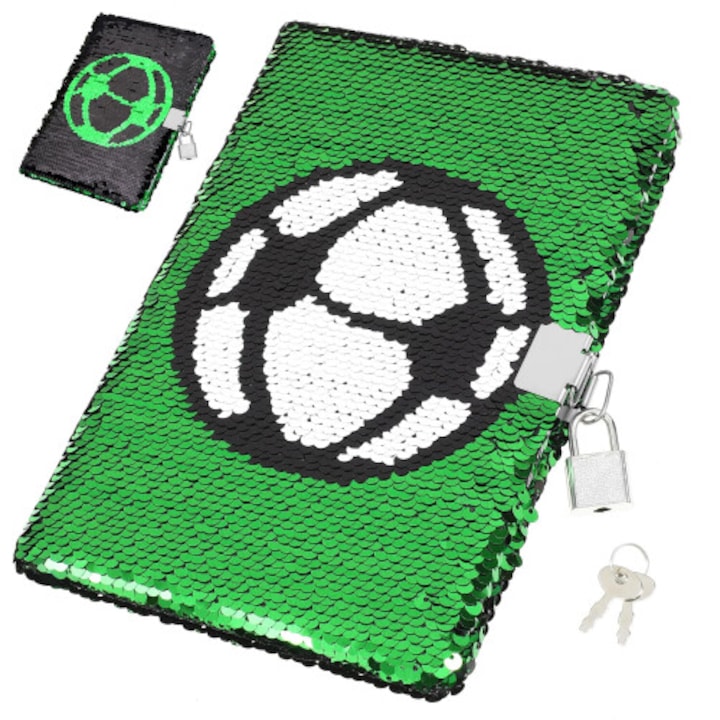 Jurnal copii cu lacat si cheie, paiete reversibile, fotbal, multicolor