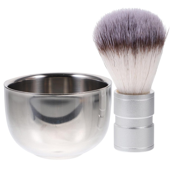 Set pentru barbierit, perie nylon si bol inox, 7x7x5cm