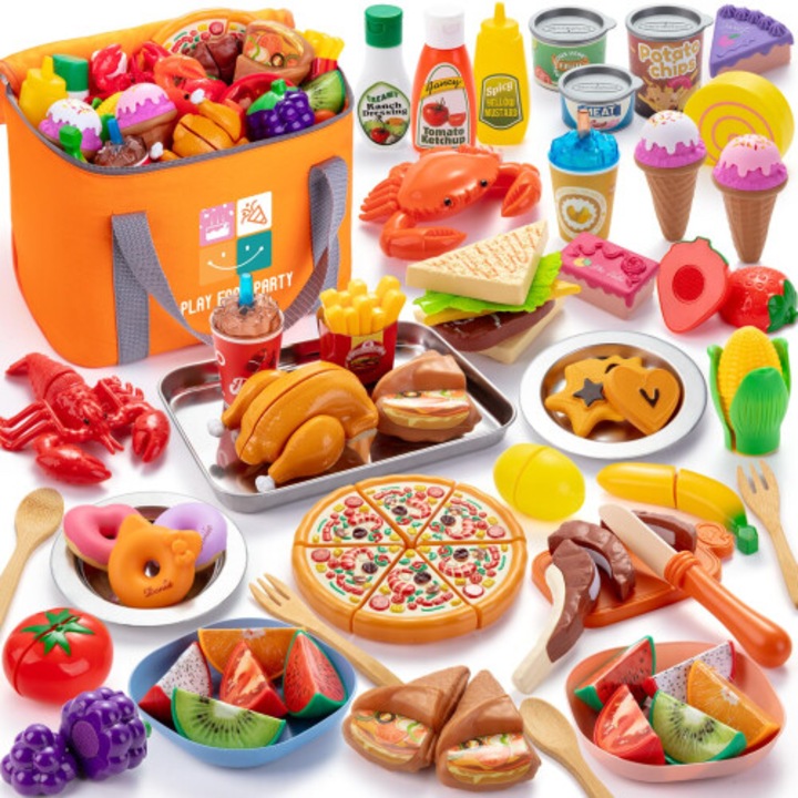 Set bucatarie jucarie copii, taiat alimente, cu geanta depozitare, multicolor, 3-5 ani
