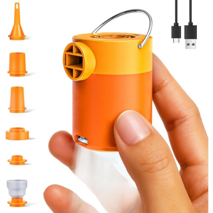 Pompa de aer portabila mini electrica, reincarcabila USB, cu lumina camping, pentru saltea aer, plutitoare, piscina