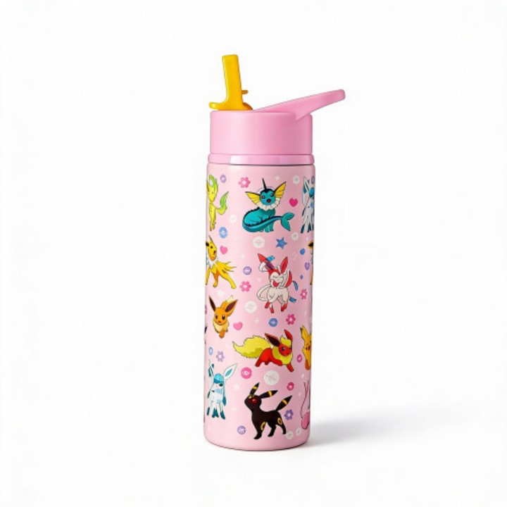 Bidon sport roz 750ml, plastic reutilizabil, capac inox, izolat, cu maner