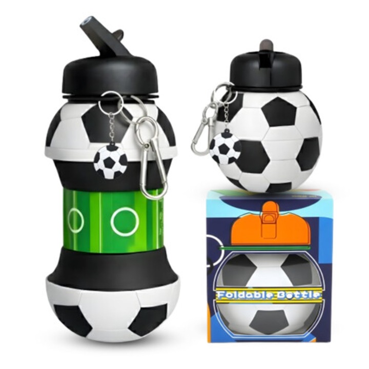 Sticla pliabila apa, silicon, cu breloc, fotbal, multicolor, 500ml