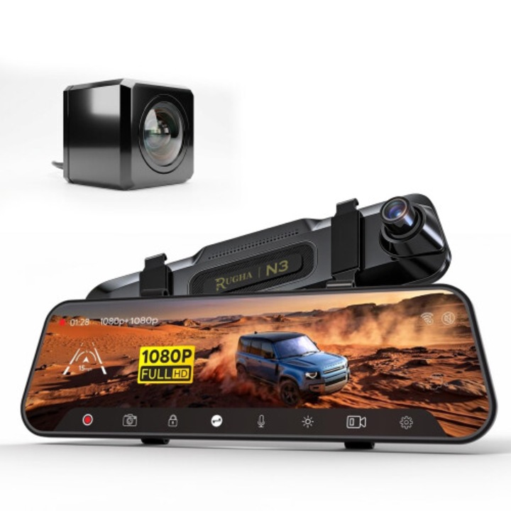 Camera auto oglinda 10 inch, duala fata-spate, Full HD, unghi larg, vizibilitate nocturna, touchscreen IPS
