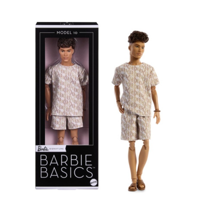 Papusa Ken Barbie Basics, brunet, camasa si pantaloni scurti, 29 cm