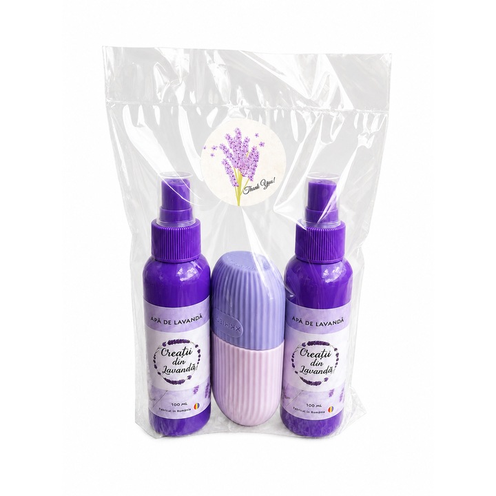 Set Cadou Creatii din Lavanda – 2 x Apa Florala de Lavanda 100 ml + Roller Facial Reutilizabil cu Efect de Racire
