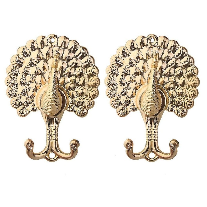 Set 2 cleme perdea metalice aurii cu design paun 12.5x9.5x4cm