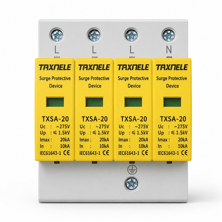Descarcator de supratensiune AC Taxnele TXSA-20, 4P, Uc 275V, Imax 20kA, In 10kA, Up ≤ 1.5kV, SPD, montaj sina DIN