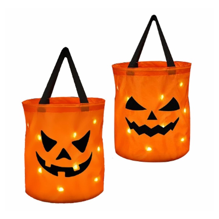 Geanta pentru bomboane Halloween, dovleac, portocaliu, 25x25x30cm, set 2 bucati