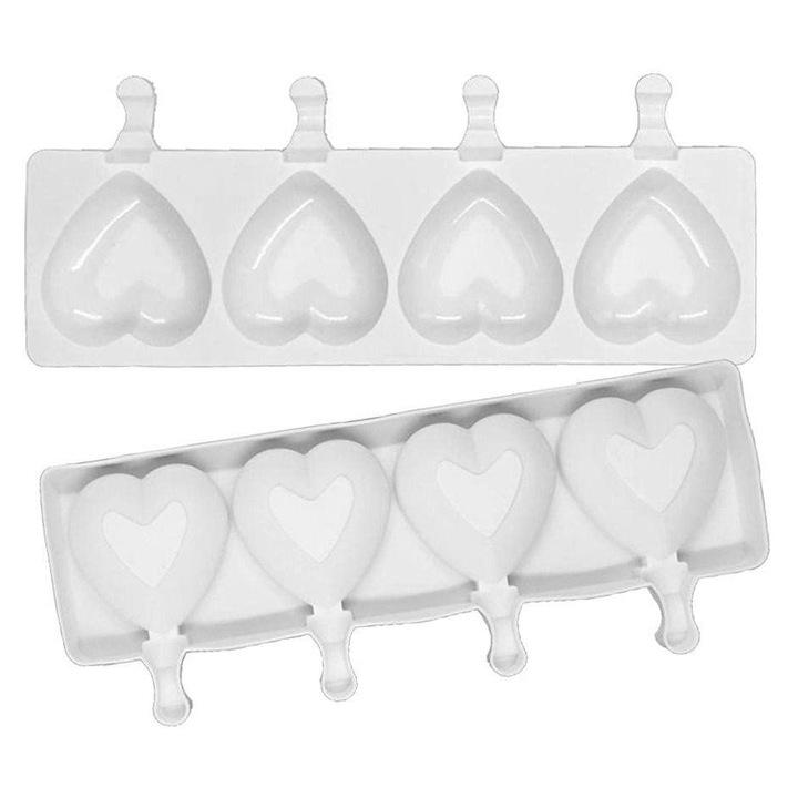 Forma silicon inima 3D, 4 cavitati, alb, 20x10x4cm