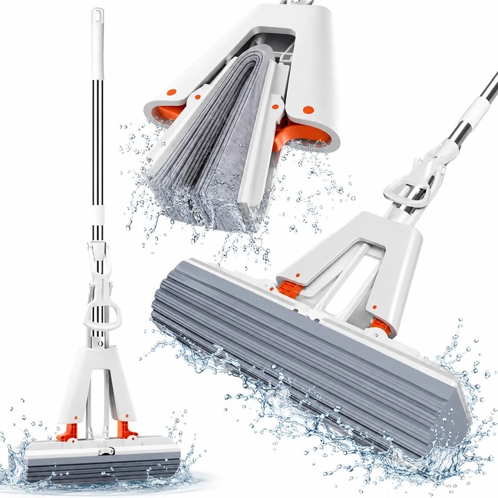 Mop cu burete pentru pardoseli, cu stoarcere, plastic, alb, 118x27 cm