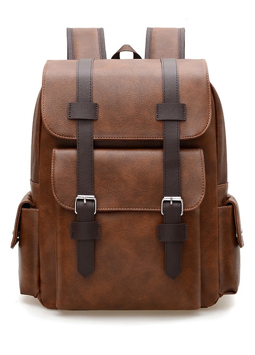 Rucsac, stil retro britanic, potrivit pentru calatorii, impermeabil, din piele, cu doua bretele, casual, de mare capacitate, ORBER, cu catarama, din PU moale, 30*12*38 cm, maro-galbui