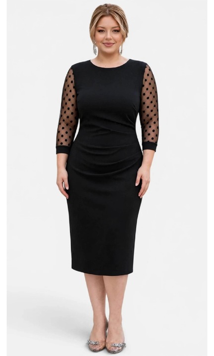 Rochie eleganta, midi, marimi mari, cu pliuri laterale modelatoare si maneci din tull transparent cu buline, Negru, 42