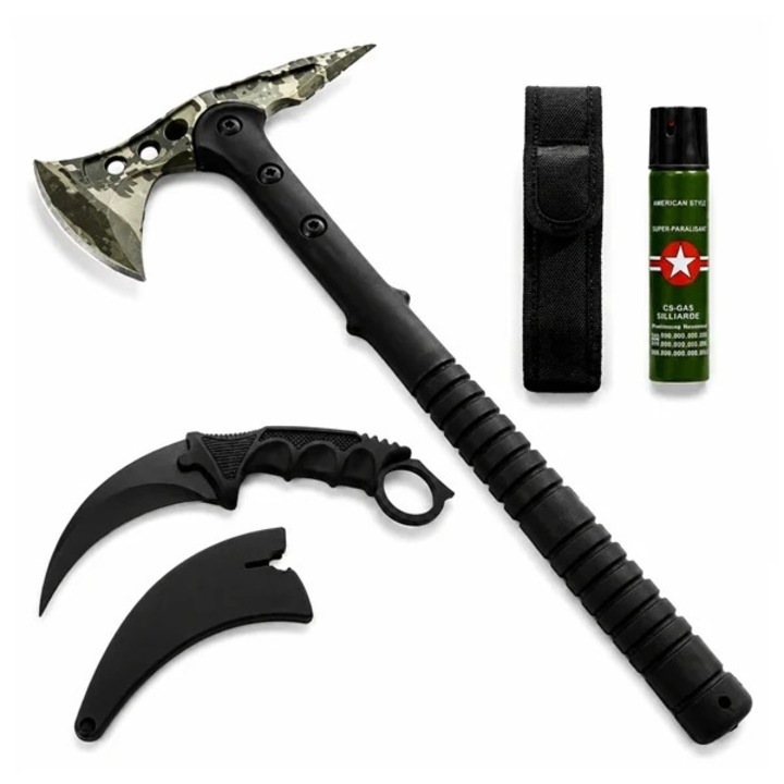 Set topor, cutit karambit si spray autoaparare DEPOX®, otel inoxidabil, verde/negru, 40 cm/19 cm/110 ml, teaca inclusa