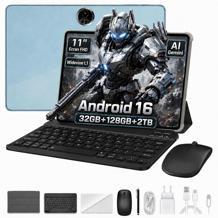 Tableta Blackview ZENO 5, Android 16 Tablet, 11" HD IPS 90Hz, 32GB RAM, 128GB ROM / 2TB, UNISOC T615, 8300mAh, GPS, Dual SIM, 13MP + 8MP Kamera, Tablet with Keyboard, Tableta pentru Studiu si Gaming, Albastru