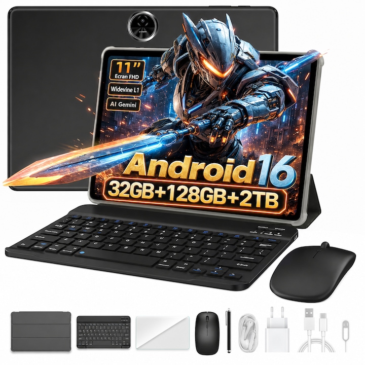 Tableta Blackview ZENO 5, Android 16 Tablet, 11" HD IPS 90Hz, 32GB RAM, 128GB ROM / 2TB, UNISOC T615, 8300mAh, GPS, Dual SIM, 13MP + 8MP Kamera, Tablet with Keyboard, Tableta pentru Studiu si Gaming, Gris