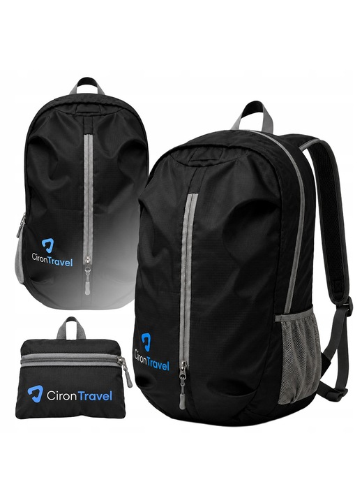 Rucsac Pliabil Turistic De Calatorie, Ciron Travel, Compact, 48x34x10cm, Negru, Material Textil Impermeabil, Ultra Usor Pentru Drumetii Vacanta, Buzunare Laterale Si Frontale, Se Pliaza In Propriul Buzunar, Bretele Ajustabile Si Comode