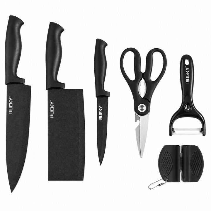 Set cutite bucatarie 6 piese, lame din otel inoxidabil cu invelis antiaderent, cutit bucatar, satar, cutit universal, foarfeca multifunctionala, decojitor ceramic si ascutitor manual, manere ergonomice, culoare negru