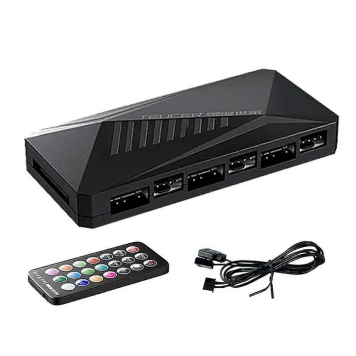 Контролер за вентилатор за компютър, 6 порта ARGB, черен, 4xPWM 2510, 6x3pin, 1xSATA