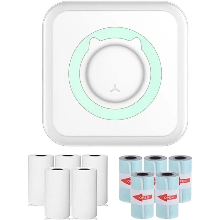 Мини преносим Bluetooth термопринтер, 10 ролки термохартия, бял, компактен