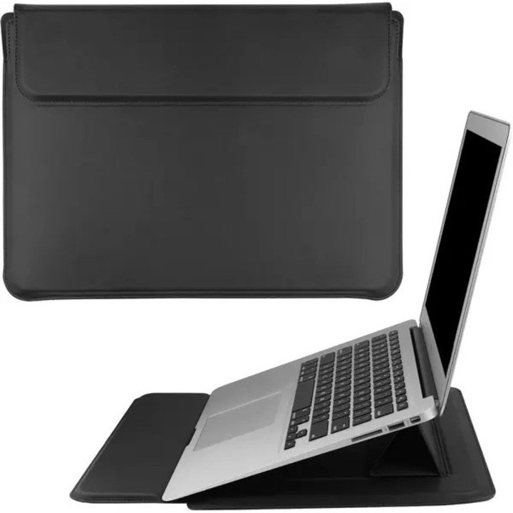 Husa laptop 14 inch, piele PU impermeabila, suport pliabil, negru