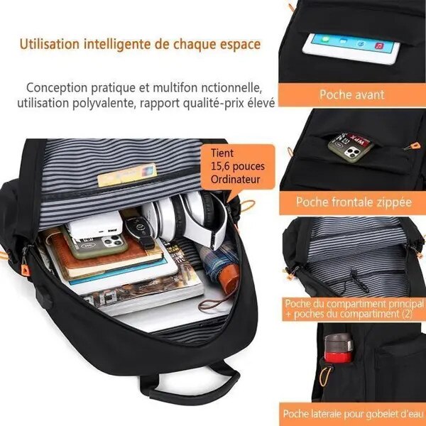 Rucsac laptop 15.6 inch, rezistent apa, port USB, negru, 43x30x13cm