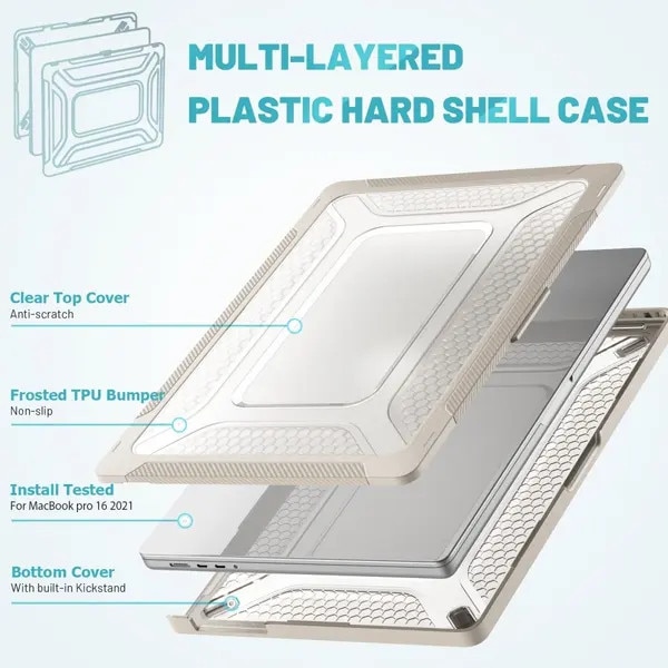 Husa laptop 16 inch, bej, cu suport integrat, protectie completa