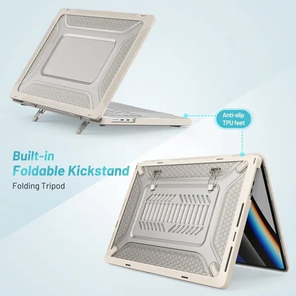 Husa laptop 16 inch, bej, cu suport integrat, protectie completa