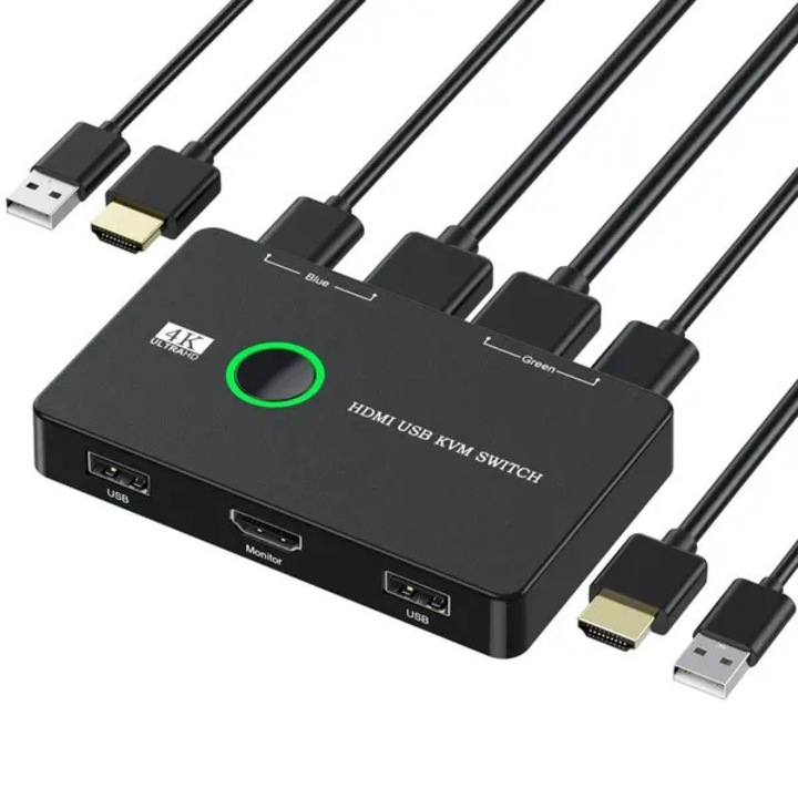 KVM HDMI kapcsoló 2 portos USB 4K 60Hz fekete 11x16x1.8cm