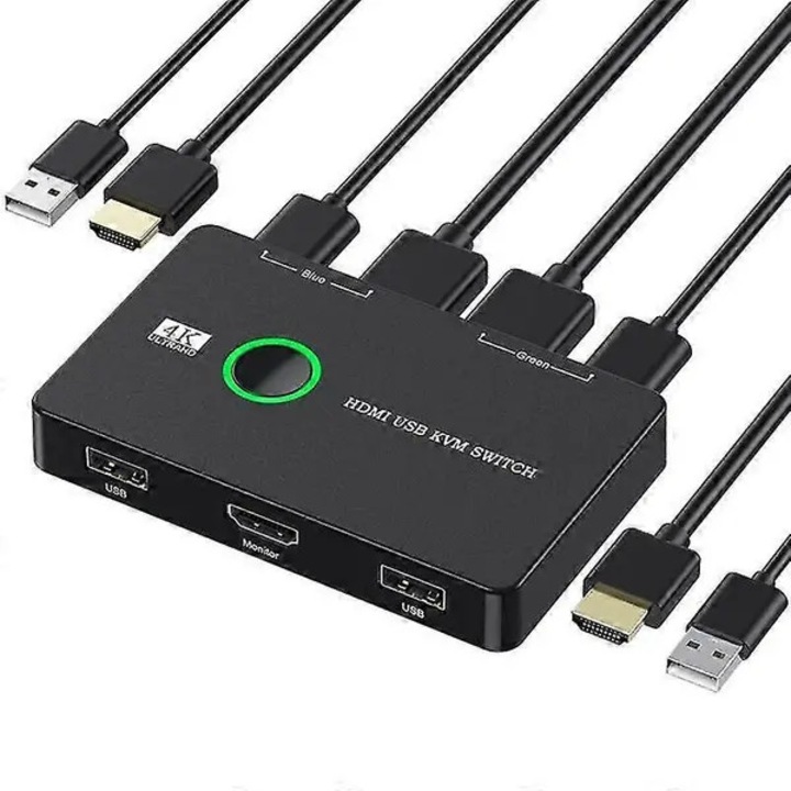KVM kapcsoló 2 portos USB HDMI 4K60Hz fekete 10x5x3cm