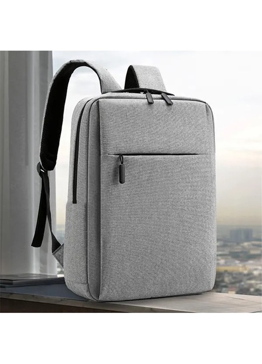 Rucsac gri poliester, bretele captusite, buzunar frontal cu fermoar, 15.6 inch, 30x45x15cm