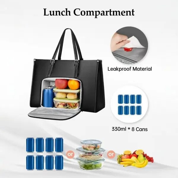Geanta laptop cu compartiment termoizolant pentru pranz, impermeabila, neagra, 16.5x6.5x11.6inch