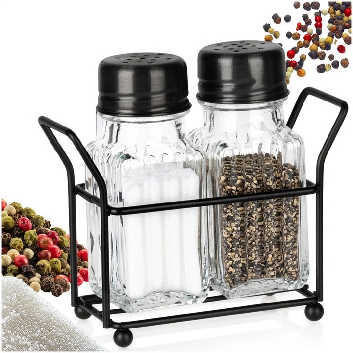 Set solnita si pipernita Artemis, sticla transparenta, 60 ml, 11,5x4,5x11 cm, suport negru