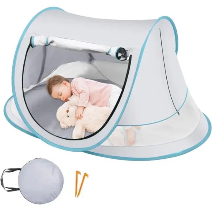 Cort de plaja pentru bebelusi, capacitate mare, protectie UV50+, rezistent, pliabil, alb