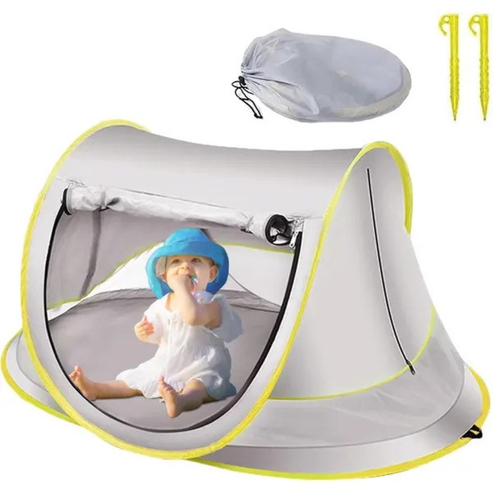 Cort plaja copii pop-up, protectie UV 50+, impermeabil, pliabil, gri deschis, 40cm