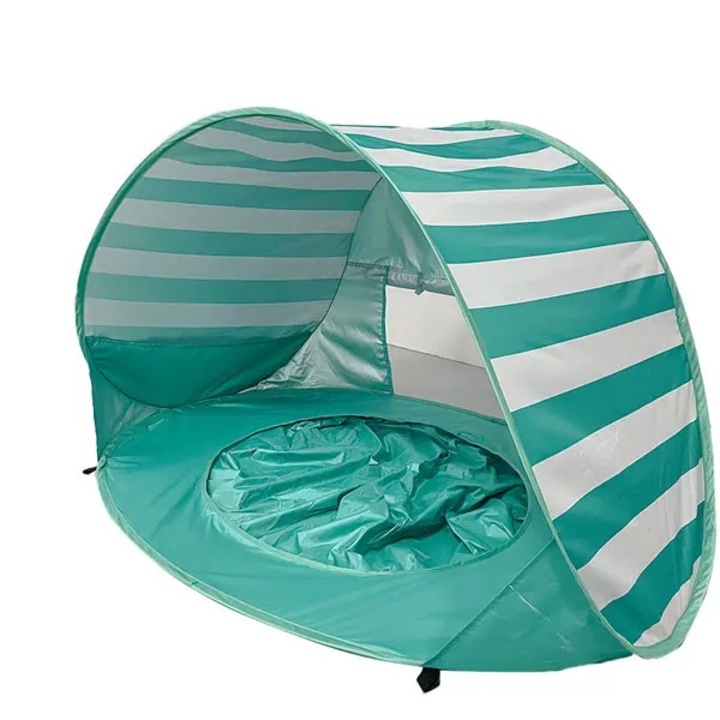 Cort de plaja pentru copii, verde cu dungi, 120x80x70cm, cu piscina mica