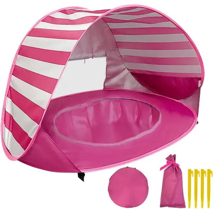Cort de plaja pentru copii, rosu cu dungi, 121x80x70cm, cu piscina mica