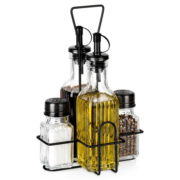Set condimente Artemis sticla 180ml suport metalic negru 12x14.5x22.5cm