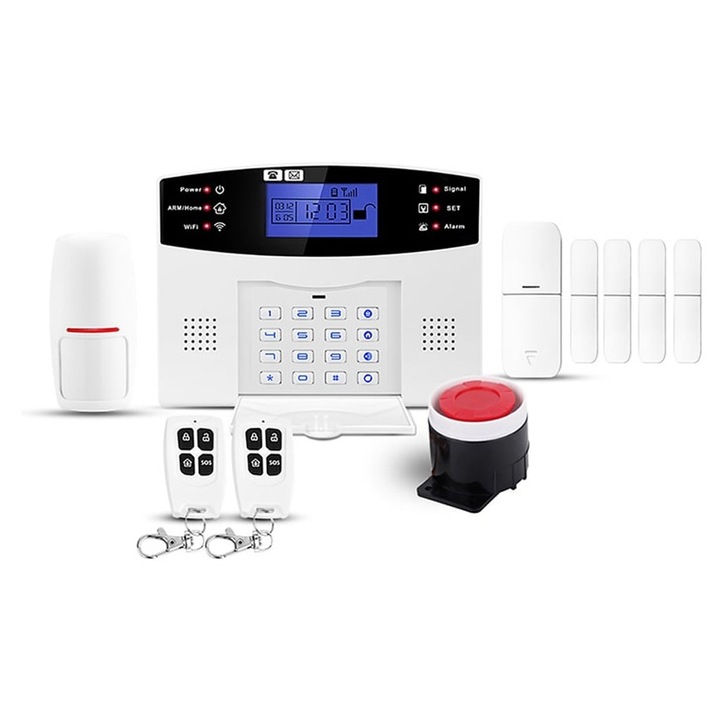 Vezeték nélküli riasztórendszer otthonra emag01-WT9661, Wi‑Fi és GSM, 2.4 hüvelykes TFT kijelző, akár 45 zóna és 8 távirányító támogatása, 120 dB sziréna, fehér, szett központtal, 4 ajtóérzékelő, PIR érzékelő, 2 távirányító, adapter
