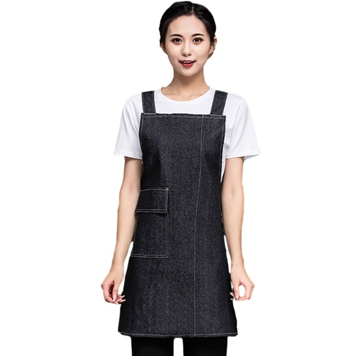 Sort de bucatarie reglabil, denim, buzunare, negru albastru, S-XXL