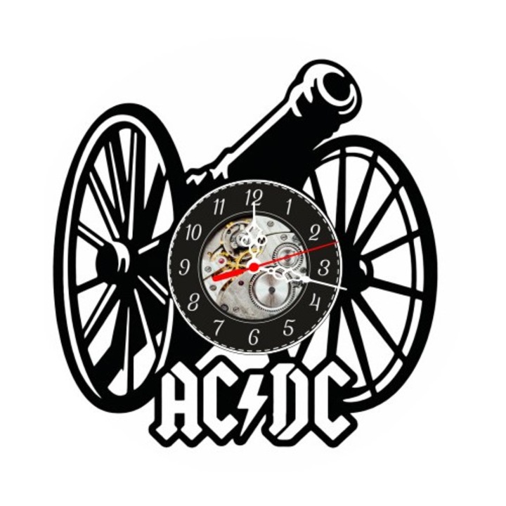Ceas de perete decorativ realizat din disc de vinil, Model Trupa AC/DC, Tun For About To Rock si Logo AC/DC, Negru Premium, 30 cm