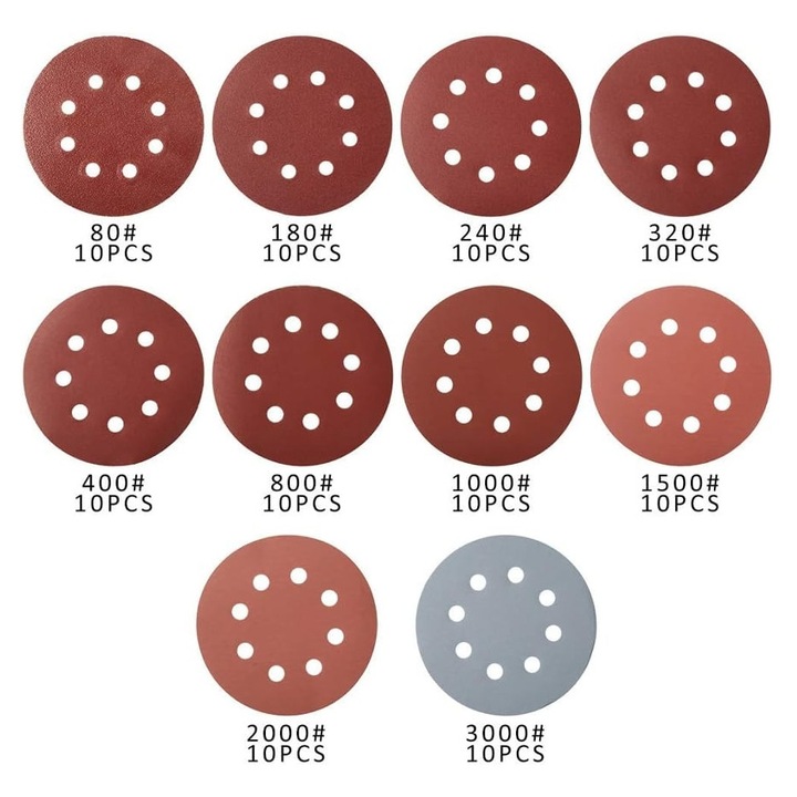 Set 100 discuri slefuitor 125mm velcro 8 gauri granulatie variata