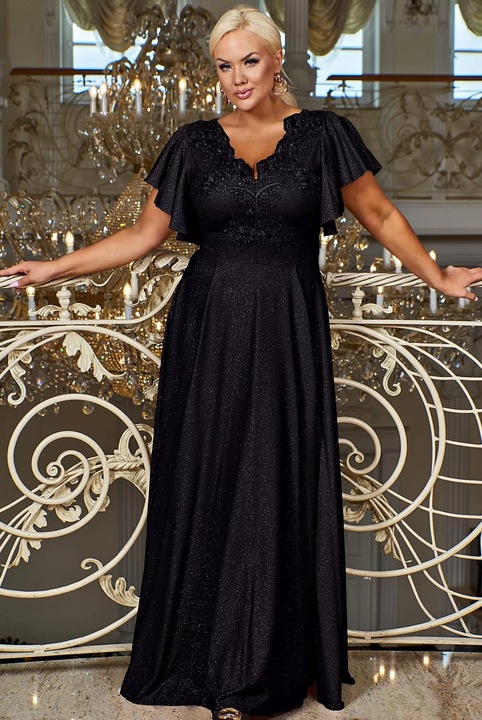 Rochie Bosca eleganta, lunga, neagra din brocart si dantela brodata, Negru, XL