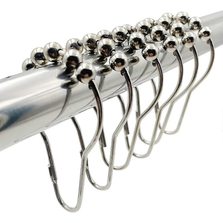 Set 12 carlige perdea baie metalice argintii 7.5x3.5cm