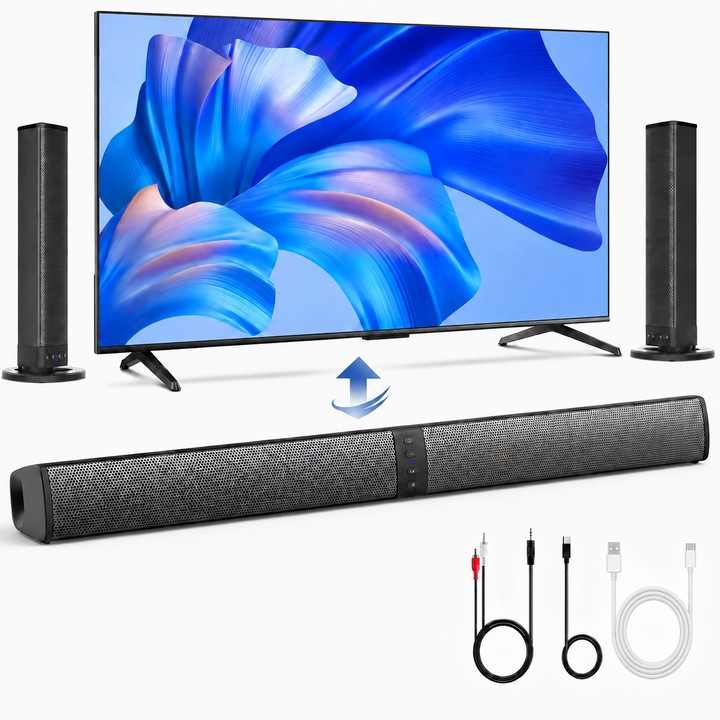 Soundbar Bluetooth detasabil 20W, sistem audio compact cu sunet surround, conexiune wireless Bluetooth si AUX, boxe separabile pentru televizor, PC, laptop, gaming si proiector, negru, WALALLA
