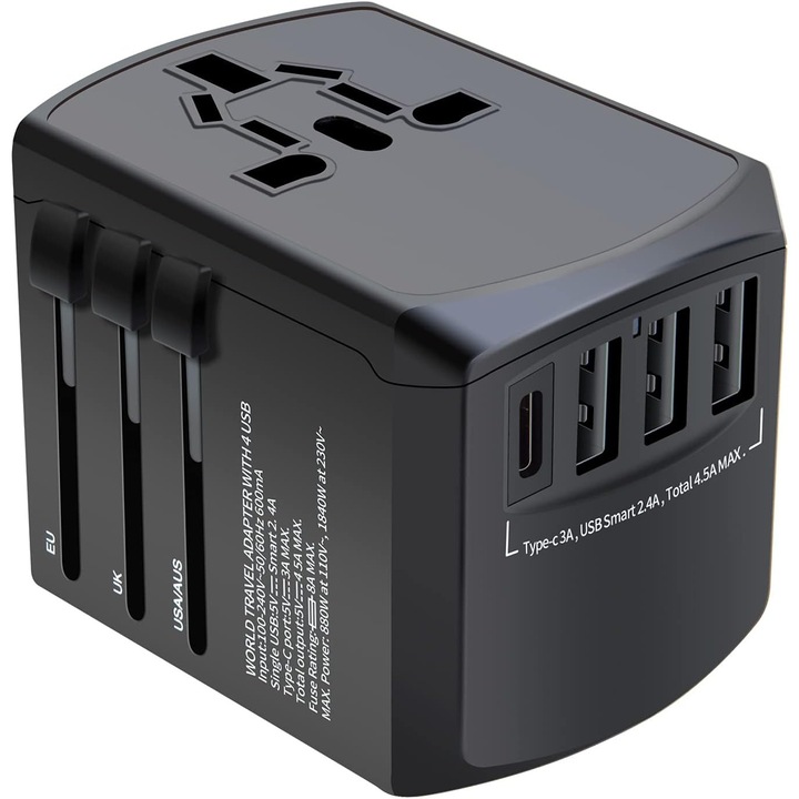 Adaptor universal de calatorie, 4 porturi USB, negru, 7.1x5.4x5.3cm