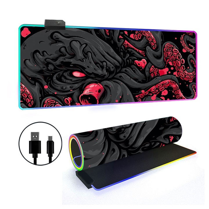 Mousepad gaming RGB iluminat, suprafata micro-texturata, antiderapant, 30x60x0.4cm