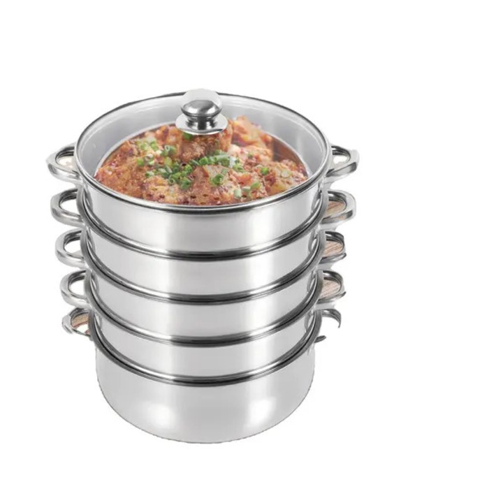 Oala pentru gatit cu aburi 5 straturi, inox, capac sticla, 30x39.5cm, argintiu